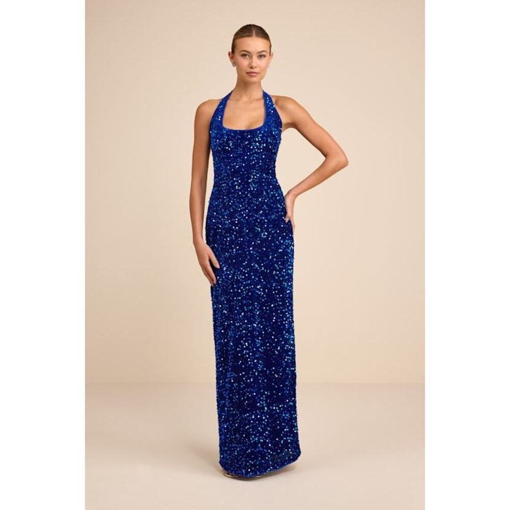NEVER WORN Lulus Xylana Royal Blue Velvet Sequin Halter Maxi Dress - Size M